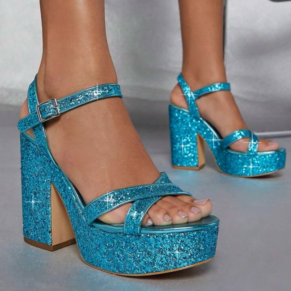 Light blue sequins block high heels